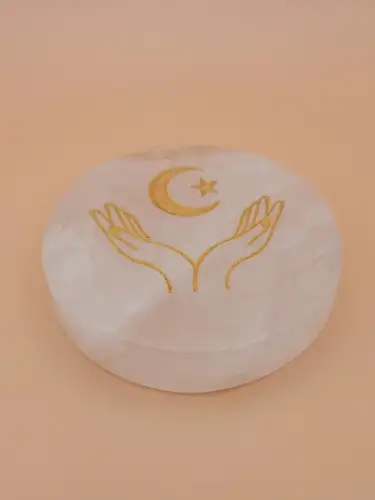 Palet en Cristal de Roche Gravé – Mains & Lune