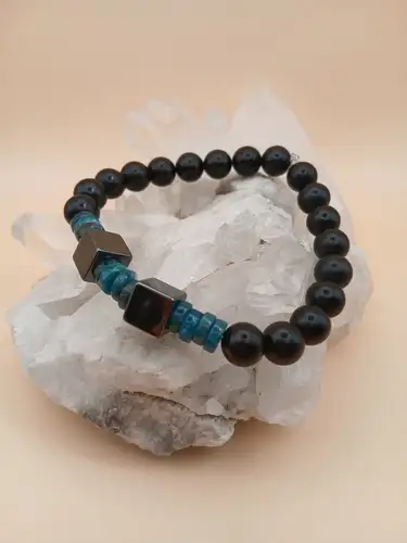 Bracelet en Shungite, Apatite Bleue & Hématite – Énergie et Protection