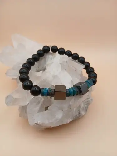 Bracelet en Shungite, Apatite Bleue & Hématite – Énergie et Protection