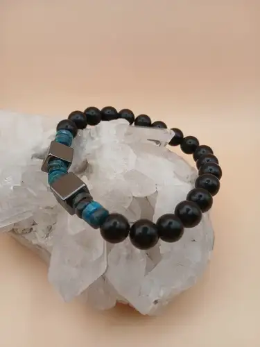 Bracelet en Shungite, Apatite Bleue & Hématite – Énergie et Protection