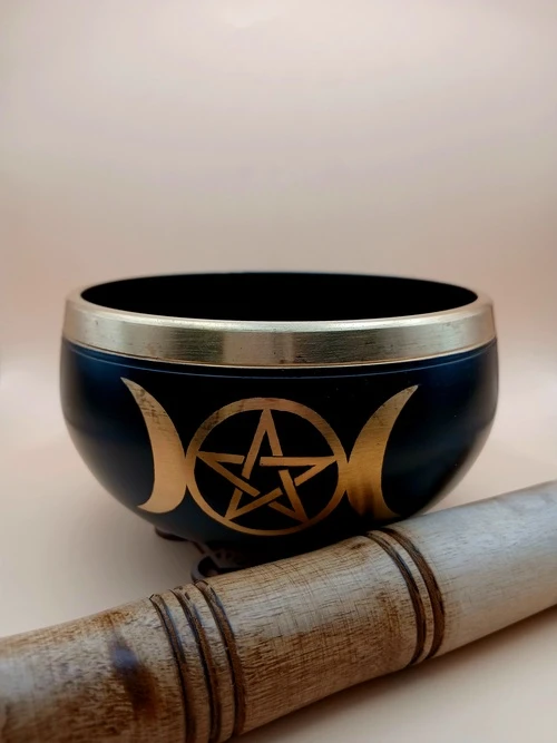 Bol Tibétain Chantant – Triple Lune et Pentacle Doré