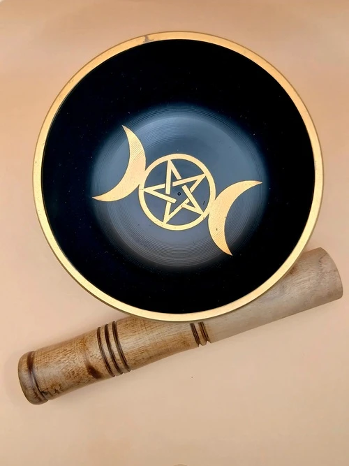 Bol Tibétain Chantant – Triple Lune et Pentacle Doré