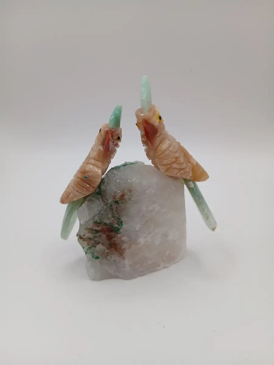 ? Duo de perruches en Cristal de Roche & Aventurine jaune