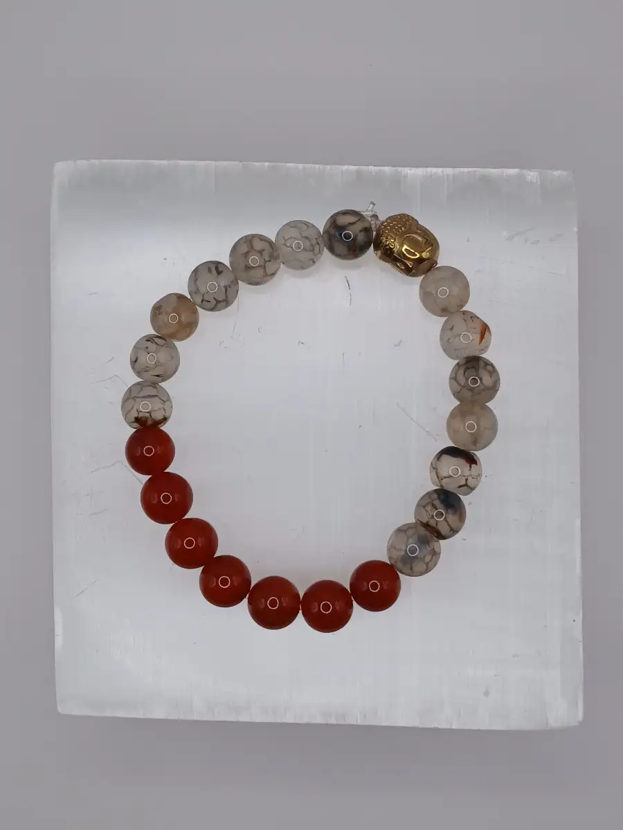 ❤️ Bracelet Agate craquelée grise, Cornaline & Bouddha en Hématite dorée  Ancrage & énergie positive