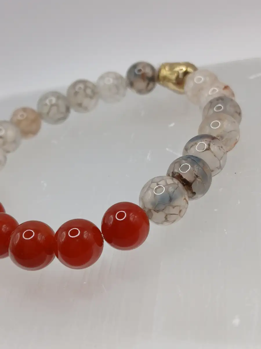 ❤️ Bracelet Agate craquelée grise, Cornaline & Bouddha en Hématite dorée  Ancrage & énergie positive