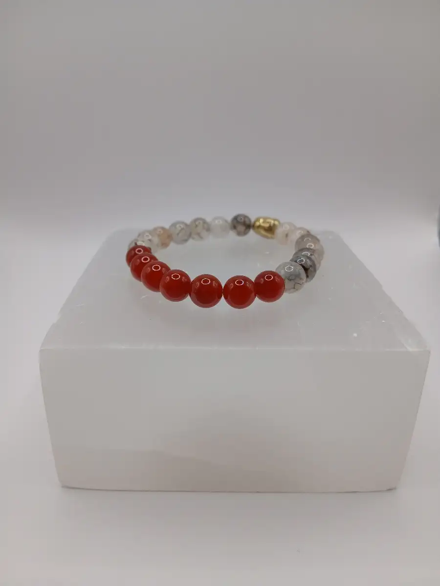 ❤️ Bracelet Agate craquelée grise, Cornaline & Bouddha en Hématite dorée  Ancrage & énergie positive