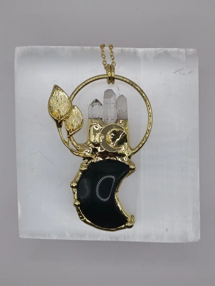 ? Pendentif Quartz Fumé & Cristal de Roche – Chaîne longue dorée  Protection & clarté