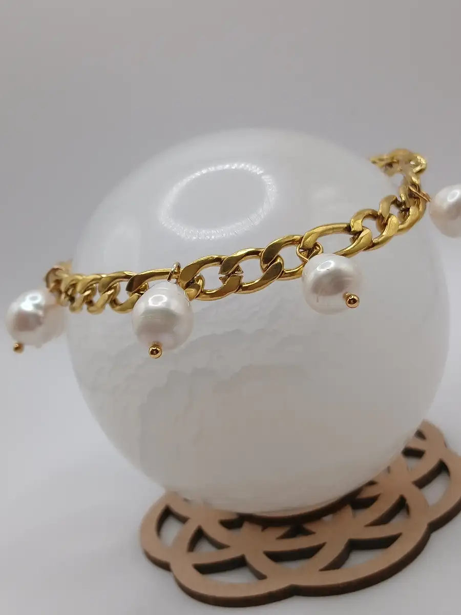 ✨ Bracelet Perles & Chaîne dorée – Grand poignet  Élégance & douceur intemporelle