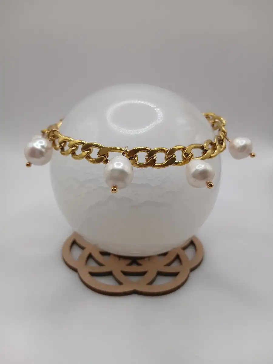 ✨ Bracelet Perles & Chaîne dorée – Grand poignet  Élégance & douceur intemporelle