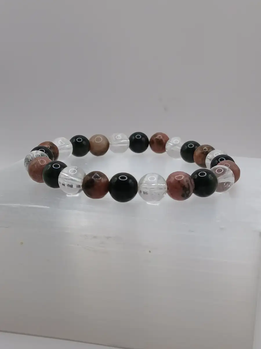 Bracelet Rhodonite, Œil céleste & Cristal de roche – Protection & équilibre du cœur