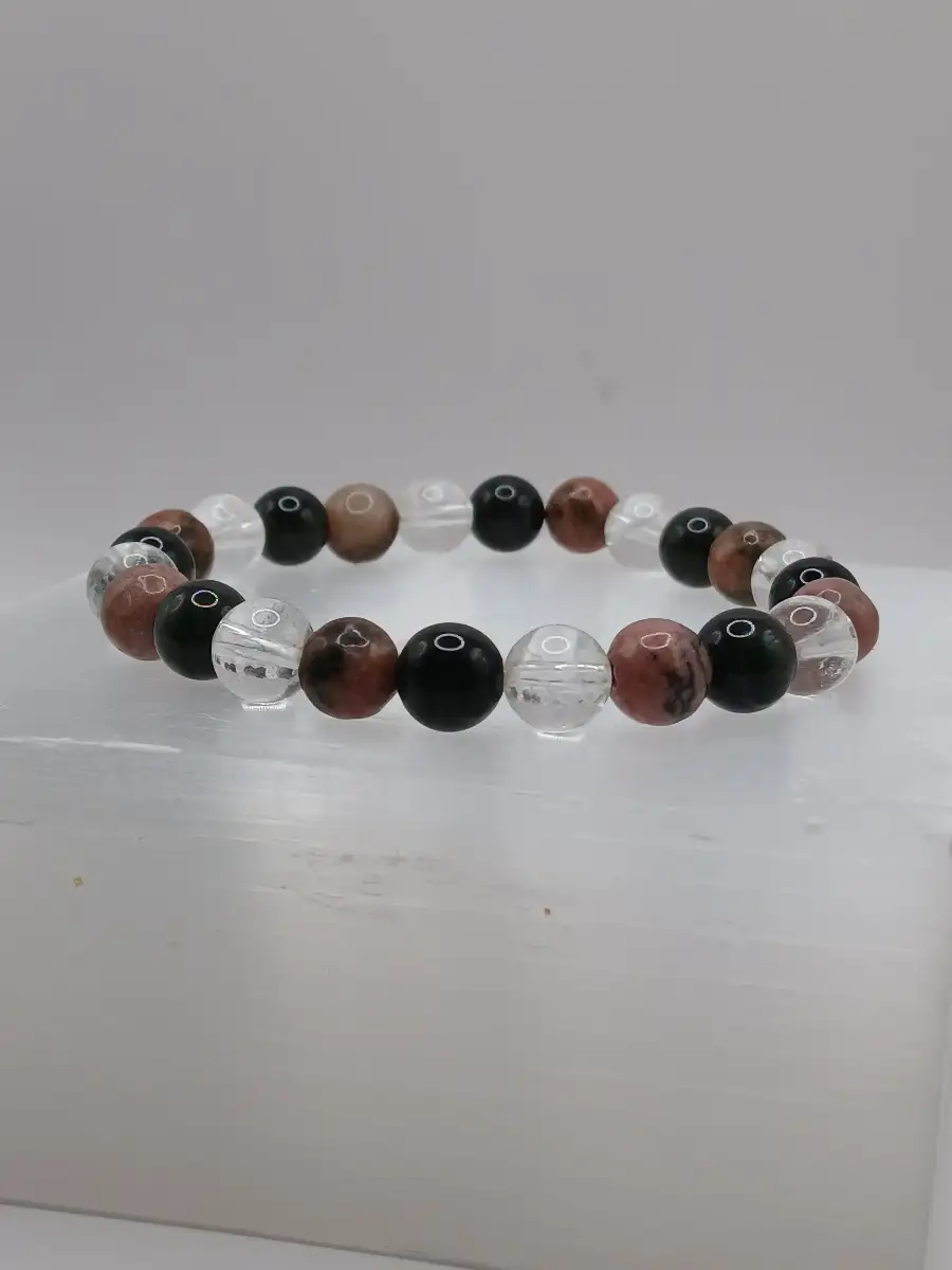 Bracelet Rhodonite, Œil céleste & Cristal de roche – Protection & équilibre du cœur