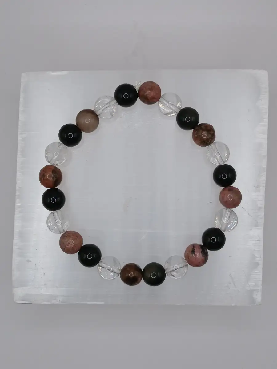 Bracelet Rhodonite, Œil céleste & Cristal de roche – Protection & équilibre du cœur