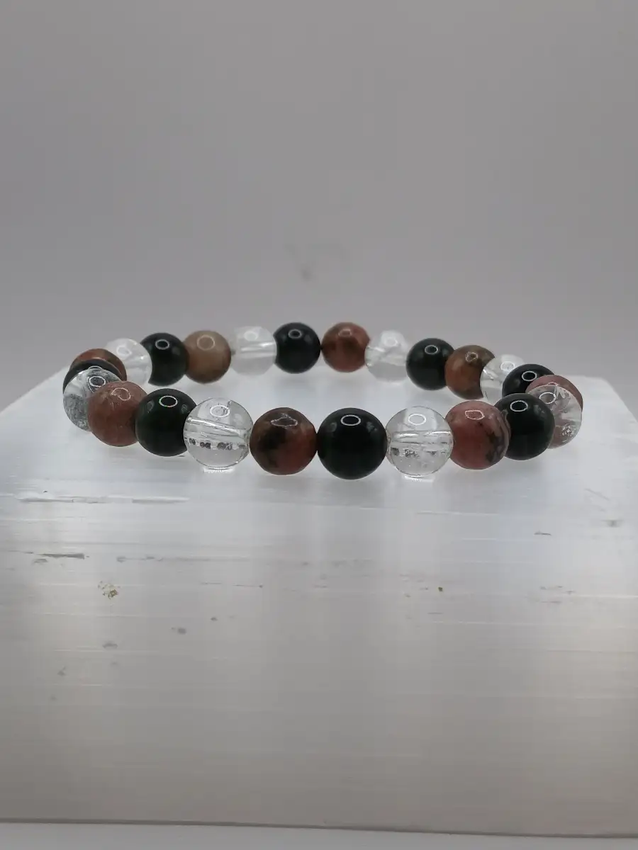 Bracelet Rhodonite, Œil céleste & Cristal de roche – Protection & équilibre du cœur