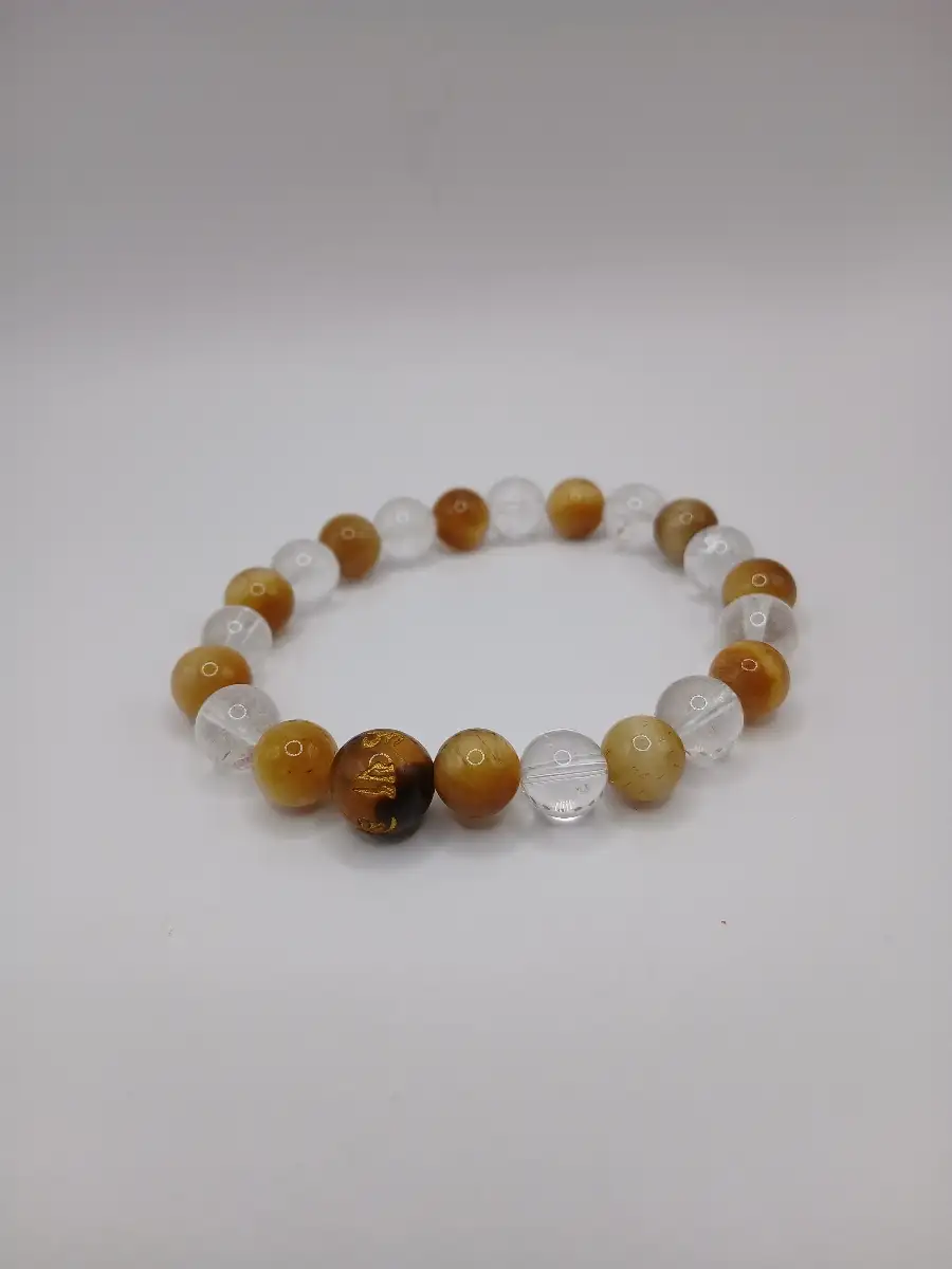 Bracelet Œil de Tigre Doré, Œil de Tigre & Cristal de Roche – Symbole Reiki