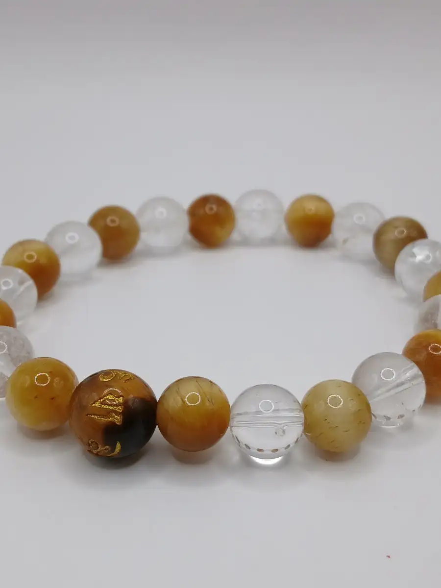 Bracelet Œil de Tigre Doré, Œil de Tigre & Cristal de Roche – Symbole Reiki
