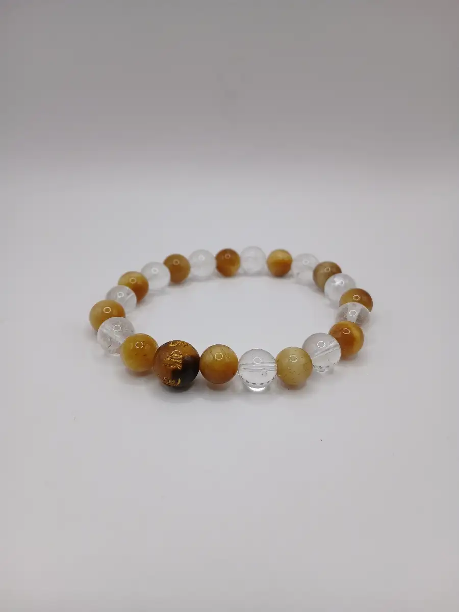 Bracelet Œil de Tigre Doré, Œil de Tigre & Cristal de Roche – Symbole Reiki