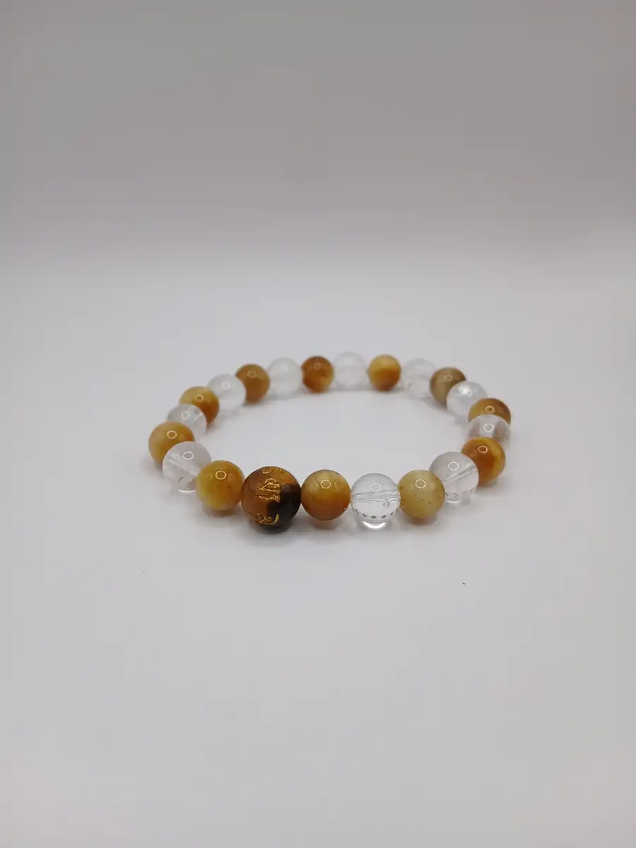 Bracelet Œil de Tigre Doré, Œil de Tigre & Cristal de Roche – Symbole Reiki